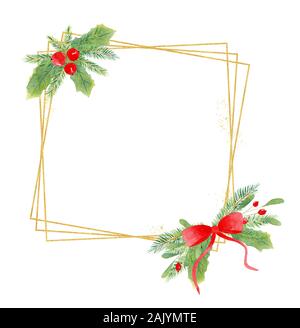 Festosa cornice quadrata disegnata a mano illustrazione ad acquerello. Bordo di Natale con botanica elementi di decorazione. X-mas composizione con ilex, agrifoglio, di nebbia Foto Stock