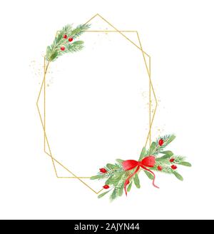 Festa di Natale poligonale telaio con decorazioni di botanica. Golden multangular confine con composizione floreale con con leccio, bacche rosse,vischio Foto Stock