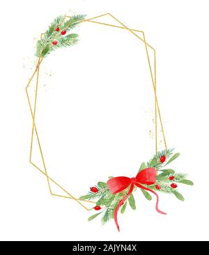 Forma ovale poligonale telaio di natale con elementi botanici disegnati a mano illustrazione ad acquerello.Golden confine con composizione floreale con leccio, rosso B Foto Stock