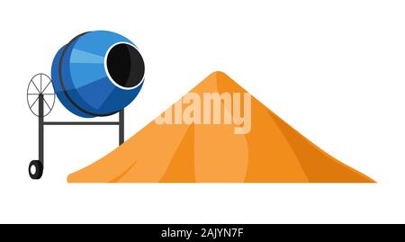 Pila di sabbia e miscelatore di cemento icona isolata, materiali del cantiere Illustrazione Vettoriale