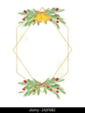 Doppia geometrica esagonale telaio di natale con decorazioni di botanica. Golden festive X-mas confine con ilex, bacche rosse, abete ramoscelli e le campane canto Foto Stock