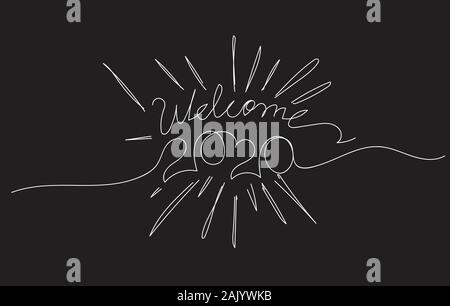 Benvenuti 2020 singola linea continua art. Anno nuovo biglietto di auguri headline decorazione. Uno schizzo schizzo illustrazione vettoriale Illustrazione Vettoriale