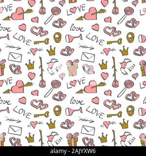 Modello senza soluzione di continuità con il giorno di San Valentino elementi. Contorno grigio mano oggetti disegnati con rosa e oro dettagli su sfondo bianco. Illustrazione Vettoriale. Illustrazione Vettoriale