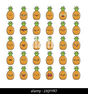 Raccolta di kawaii ananas emoticon cartoni isolati su bianco Illustrazione Vettoriale
