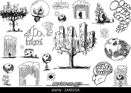 Molti disegnati a mano schizzi di temi riguardanti la natura e l ambiente e dell'ecologia e dell'energia e del pianeta terra e delle emissioni di anidride carbonica Illustrazione Vettoriale