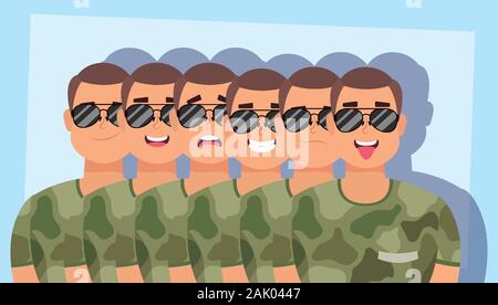 Un gruppo di uomini con abiti militari caratteri Illustrazione Vettoriale