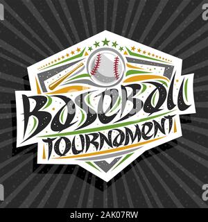 Il logo del vettore per il torneo di baseball, segnaletica creativa con battenti in palla obiettivo, spazzola originale carattere tipografico per parole torneo di baseball, sport shield w Illustrazione Vettoriale