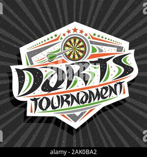 Il logo del vettore per il torneo di freccette, segnaletica moderna con freccia gettati in dartboard, spazzola originale carattere tipografico per parole torneo di freccette, sport scudo wit Illustrazione Vettoriale