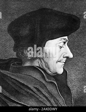 Incisione di desiderio Roterodamus Erasmus (1466-1536), di solito indicato come Erasmo da Rotterdam o semplicemente Erasmus. Il programma Erasmus è stato un filosofo olandese, la Bibbia traduttore, e umanista cristiana ampiamente considerato uno dei maggiori studiosi del nord del Rinascimento. Foto Stock