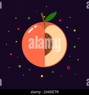 Pesche Frutto di sfera con mezza fettina di logo, piatto design icona del concetto di modello Illustrazione Vettoriale