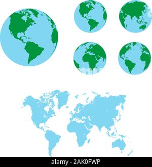 Mappa del mondo con la terra globi, vettoriale modificabile su bianco Illustrazione Vettoriale