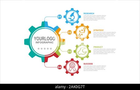 Infografico Business 4 passaggi piatta. semplicemente sfondo bianco con ingranaggi colorati. Illustrazione Vettoriale