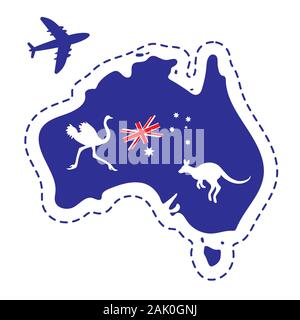 Mappa di Australia silhouette bandiera canguro struzzo piano bianco su sfondo isolato. Immagine vettoriale Illustrazione Vettoriale