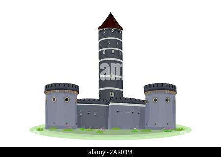 Cartoon torre medievale di un castello isolato su sfondo bianco. Antico Castello con mura fortificate e torri. Fortezza, cittadella, roccaforte, archi. Illustrazione Vettoriale