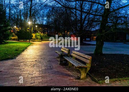 La Al Grugapark, in inverno, parcheggio vuoto di sera, Essen, Germania, Foto Stock