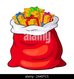 Christmas Santa il sacco pieno di confezioni regalo e presentare i pacchetti. Claus red big bag, sackful per bambini. xmas presenta con il cartoon ribbon bow isolare Illustrazione Vettoriale