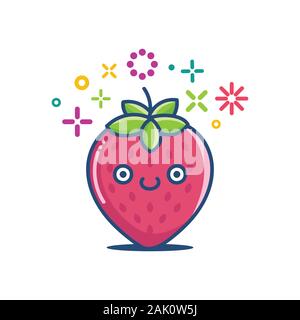 Kawaii fragola sorridente faccina isolato su bianco Illustrazione Vettoriale