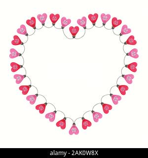 Rosa luminoso colorato il giorno di San Valentino vacanza stringa cuore luci su sfondo bianco Heart-Shaped telaio. Square carino per le Feste spazio Copia banner Illustrazione Vettoriale