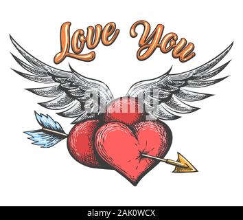 Winged Cuore trafitto da una freccia e lettere di amore è disegnato in stile tatuaggio. Illustrazione Vettoriale. Illustrazione Vettoriale