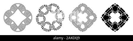 Set di quattro astratta ornamenti circolare ornato di frontiere. Motivi decorativi isolati su sfondo bianco. Fiori stilizzati. Tatuaggio Stencil. Illustrazione Vettoriale