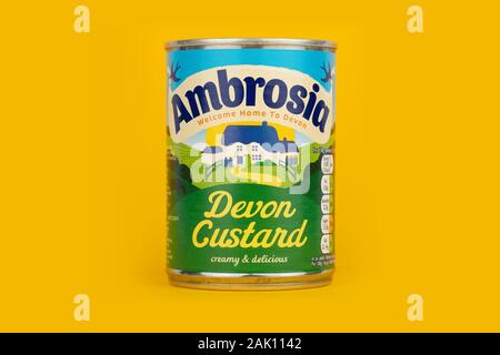Un può di Ambrosia Devon crema pasticcera shot su sfondo giallo. Foto Stock
