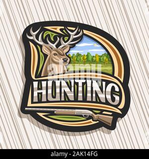 Il logo del vettore per la caccia, nero adesivo decorativo con illustrazione di white-tailed deer testa su alberi di sfondo, lettering originale per la caccia di parola Illustrazione Vettoriale