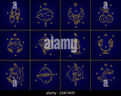 Set di vettore di quadri di segni zodiacali, stelle, costellazioni di colore giallo oro su sfondo blu. Logo tatuaggio o illustrazione. Previsioni astrologiche Illustrazione Vettoriale