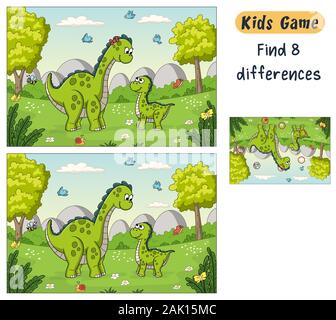 Trovare 8 differenze. Divertente quiz di cartoni animati per i bambini, con la soluzione. Illustrazione Vettoriale con strati separati. Illustrazione Vettoriale