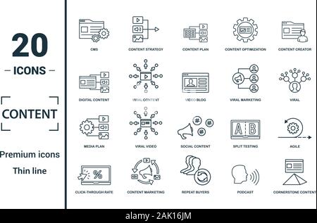 Icona Contenuto impostato. Includere elementi creativi cms, piano del contenuto, contenuti digitali viral marketing, media plan icone. Può essere utilizzato per il report Illustrazione Vettoriale