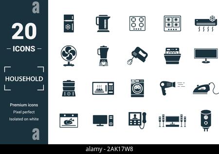 Famiglia icona set. Includere elementi creativi home frigo, piano di cottura elettrico, la ventola, lavastoviglie, doppia caldaia icone. Può essere utilizzato per la relazione, presentazione Illustrazione Vettoriale