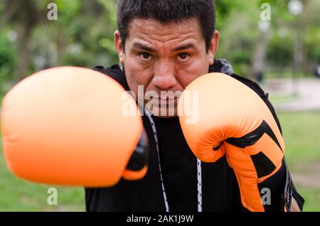 Boxer professionale guardando la telecamera e gettando un punzone Foto Stock