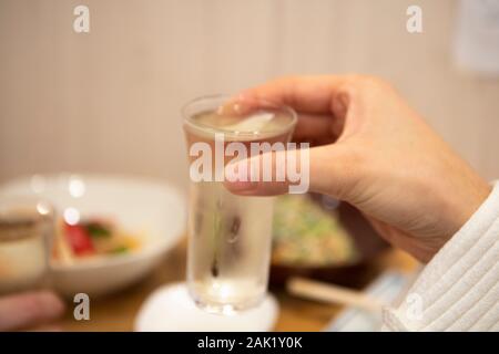 Le donne di bere sake Giapponese nel bar permanente Foto Stock