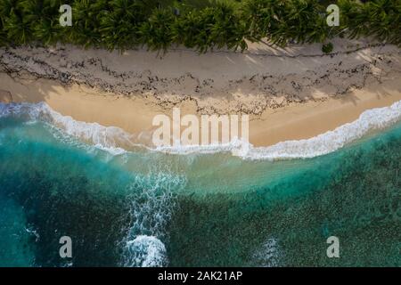 Antenna vista aerea scattata con un drone di onde che si infrangono sulla spiaggia Pacifico Siargao,Filippine Foto Stock