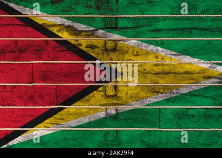 Bandiera Nazionale della Guyana su una parete in legno dello sfondo. Il concetto di orgoglio nazionale e un simbolo del paese. Bandiere dipinta su una staccionata in legno con Foto Stock