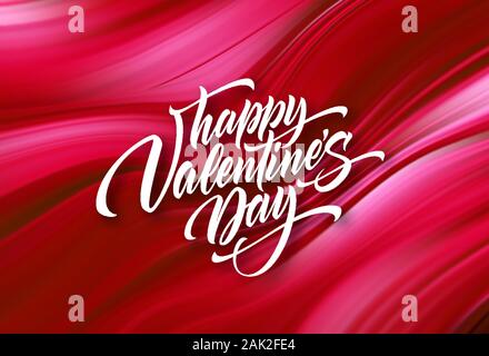 White Calligraphy lettering felice il giorno di San Valentino su uno sfondo di colore rosso che scorre fluido. Concetto per il giorno di San Valentino saluti. Illustrazione Vettoriale. Vettore i Illustrazione Vettoriale