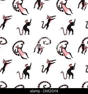 Modello senza cuciture con simpatici lemuri. Nero e rosa di animali su sfondo bianco. Appartamento illustrazione vettoriale. Illustrazione Vettoriale