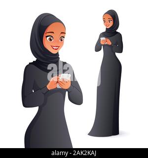 Bellissimo vestito tradizionale arabo e musulmano donna hijab come la scrittura di un messaggio di testo sul telefono cellulare. Illustrazione di vettore isolato su sfondo bianco. Illustrazione Vettoriale