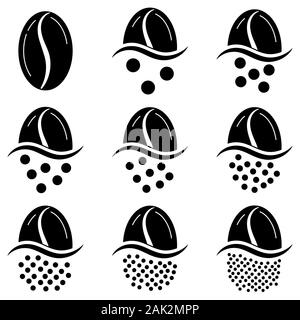Caffè macinato di dimensione di grani grafico icon set isolato su sfondo bianco. Illustrazione Vettoriale