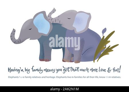 Felice il giorno di San Valentino del vettore elefante testurizzata family card in uno stile piatto con preventivo e fatti reali sull'amore. Animale romantico giovane disegnati a mano illustrazione. Illustrazione Vettoriale
