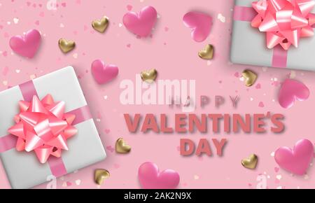 Happy Valentines Day greeting card. 3d realistiche cuori su sfondo rosa. Amore e matrimonio. Illustrazione Vettoriale Illustrazione Vettoriale