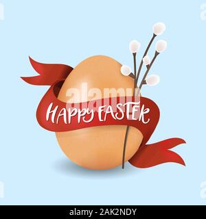 Felice Pasqua Golden Egg illustrazione vettoriale. 3d realistiche della pittura. 3d realistiche pittura con uovo reale, Willow, nastro rosso e felice Pasqua preventivo. Il messaggio di saluto della scheda Colore modello. Illustrazione Vettoriale