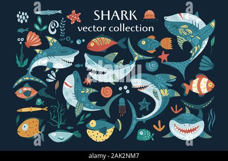 Felice piatto Squalo di clip-art vettoriali set. Pesce subacquea famiglia animale carino raccolta icona in un appartamento di stile. Illustrazione Vettoriale