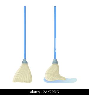 Bastoncino di Cartoon stock illustrazione vettoriale. Panni Mop una pozzanghera. Servizi di pulizia, concetto di uso domestico. Attrezzature per lavori domestici elementi isolati su bianco Illustrazione Vettoriale
