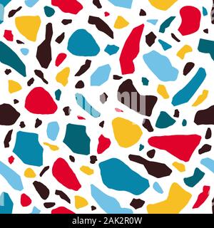 Terrazzo pietre montley seamless pattern con rocce colorate frazioni illustrazione vettoriale. Lo stile naturale minerale testurizzato bacdrop composizione. Natural Illustrazione Vettoriale