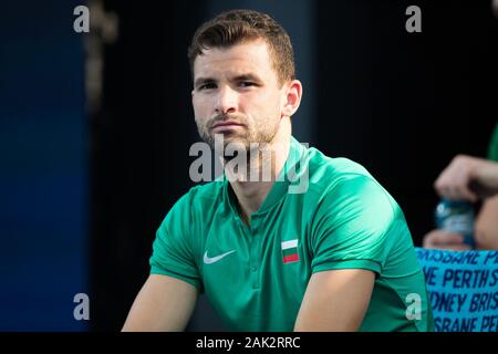 Sydney, Australia. 07Th gen, 2020. Grigor Dimitrov di Bulgaria durante il 2020 ATP Cup presso il Ken ROSEWALL Arena, Sydney, Australia il 7 gennaio 2020. Foto di Peter Dovgan. Credit: UK Sports Pics Ltd/Alamy Live News Foto Stock