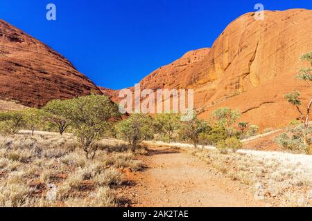 Passeggiata della Valle dei Venti nell'Olgas. Kata Tjuta, Territorio del Nord, l'Australia Foto Stock