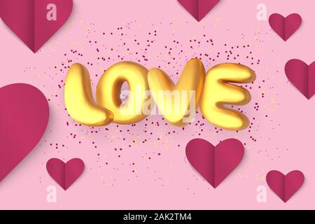 L'amore. Golden testo 3D su uno sfondo rosa con cuori fatta di carta Illustrazione Vettoriale