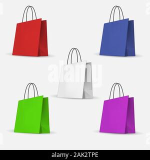 Svuotare i sacchi di carta per lo shopping. Un set di bianco, blu, verde e viola per il confezionamento Illustrazione Vettoriale