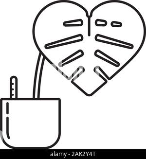 Potted Monstera pianta con cuore a forma di vettore di foglia icona per l. Houseplant e hydroculture simbolo. Illustrazione Vettoriale