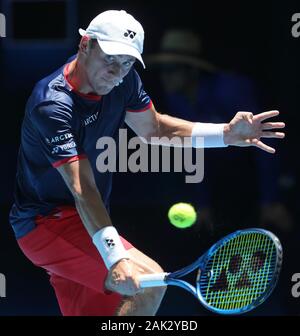 Perth, Australia. Il 7 gennaio, 2020. Casper Ruud di Norvegia compete durante l'ATP Coppa di gruppo D match contro il russo Daniil Medvedev della Russia a Perth in Australia, il 7 gennaio 2020. Credito: Zhou Dan/Xinhua/Alamy Live News Foto Stock